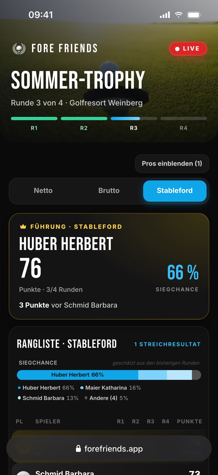 Live-Seite im Browser mit Führung, Siegchance und Rangliste
