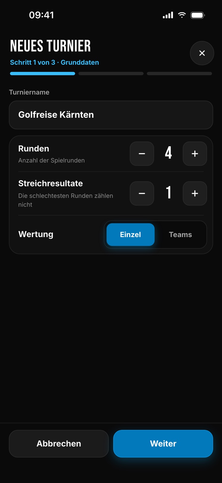 Neues Turnier anlegen: Name, Runden, Streichresultate, Einzel oder Teams